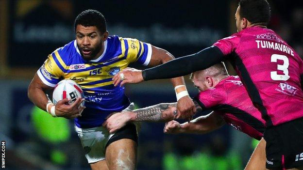 Leeds Rhinos captain Kallum Watkins carries the ball