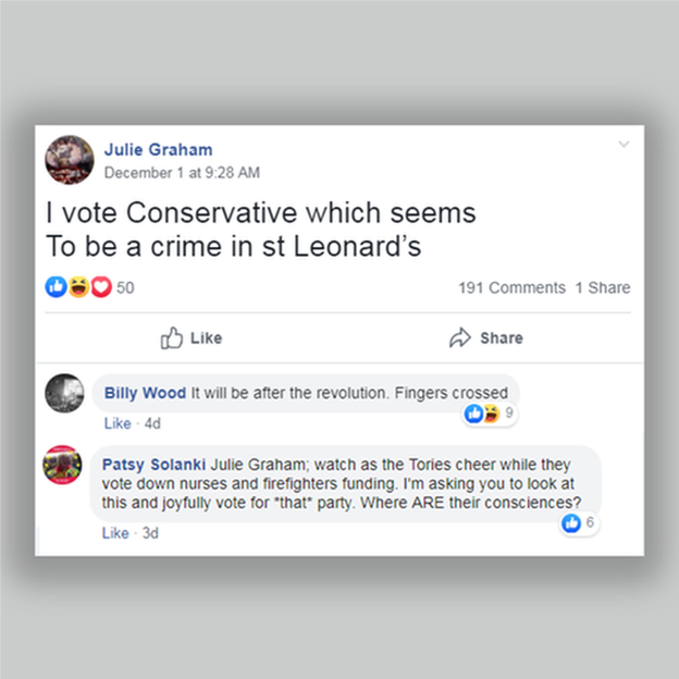 Post from Julie Graham "I vote conservative which seems to be a crime in st leonards" followed by a response from Patsy which begins: "hostile messages aren't going to help you think beyond" and criticises the Conservative stance on the NHS and fire service.