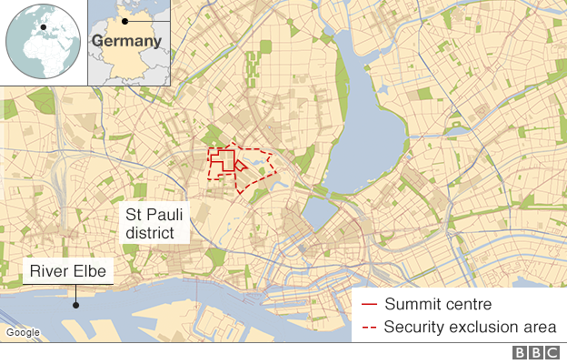 A map showing the city and the area where the protest will take place