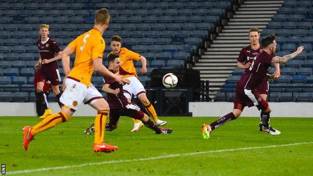 Robbie Leitch scores for Motherwell against Hearts