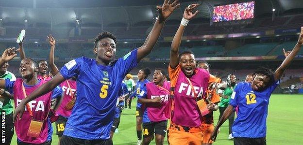 Tanzania players celebrate their qualification for the Under-17 Women's World Cup group stage