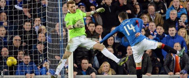 Nicky Clark scores for Rangers against Hibernian