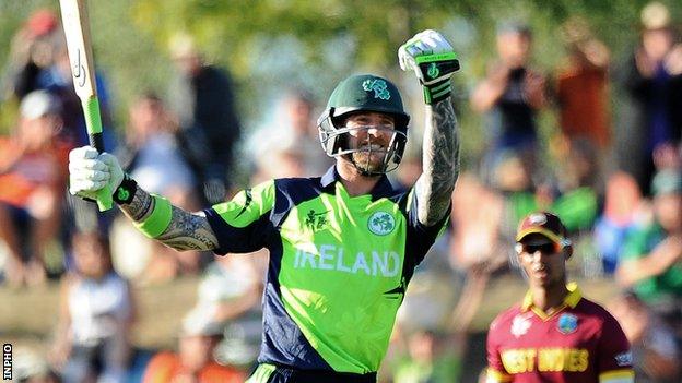 John Mooney celebrates hitting the winning runs for Ireland in their 2015 World Cup win over West Indies