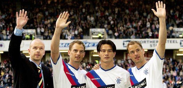 Rangers Dutch trio Michael Mols (second right), Ronald de Boer (left) and Frank de Boer (right) stand alongside Henning Berg