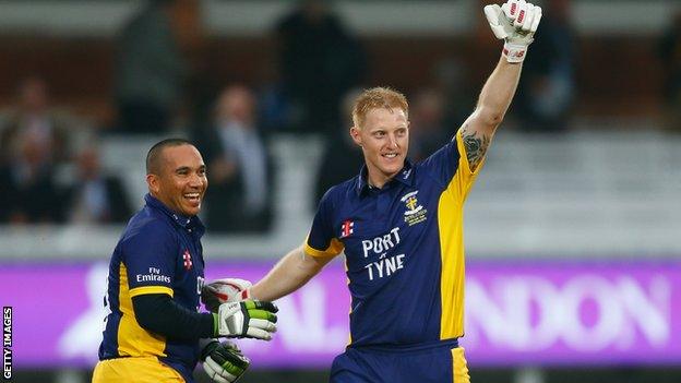 Gareth Breese and Ben Stokes celebrate