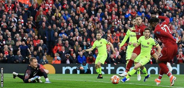 Divock Origi scores Liverpool's first goal against Barcelona