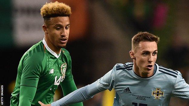 The Republic of Ireland's Callum Robinson battles with Northern Ireland's Gavin Whyte in a friendly in Dublin last year