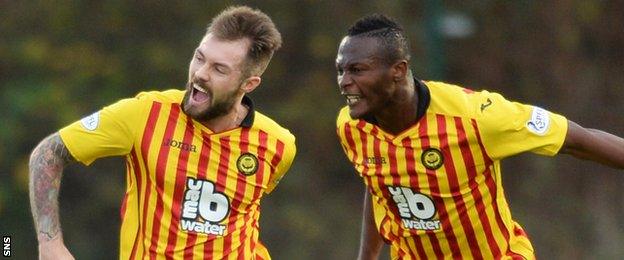 Jordan McMillan celebrates a goal against Hamilton with former Partick Thistle team-mate Abdul Osman