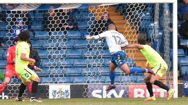 Three of James Vaughan's four goals against Peterborough United were with his right foot, but the second came off his head