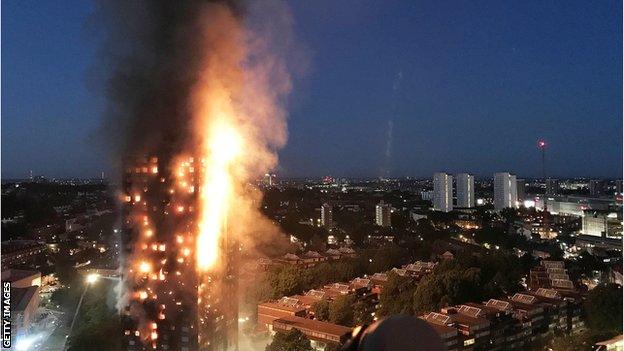 Grenfell Tower on fire on the night of 14 June 2017