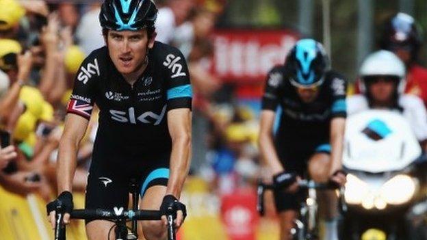 Geraint Thomas crosses the line at the end of stage 16