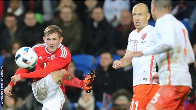 George Williams fires a shot away against the Netherlands