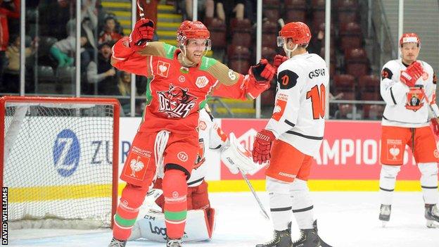 Mike McNamee celebrates scoring for Cardiff Devils