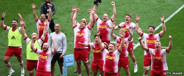 Harlequins celebrate their comeback win over Bristol