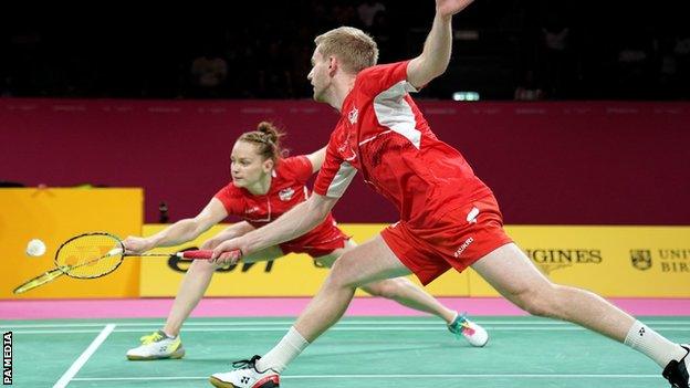 Marcus Ellis and Lauren Smith in action in the Commonwealth Games mixed doubles final