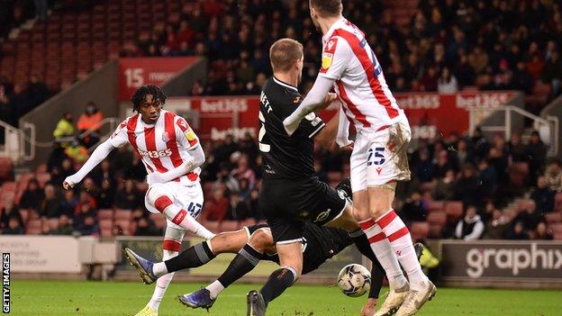 Jaden Philogene-Bidace sweeps home his first goal since arriving at Stoke on loan for the rest of the season in January