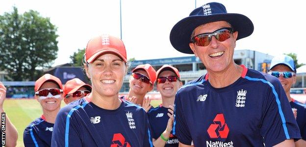 Mark Robinson, right, presents Nat Sciver with her 50th cap during the T20 match against New Zealand earlier this month