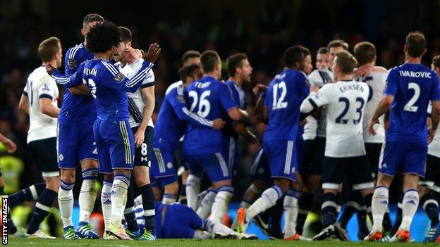 Chelsea and Tottenham players clash