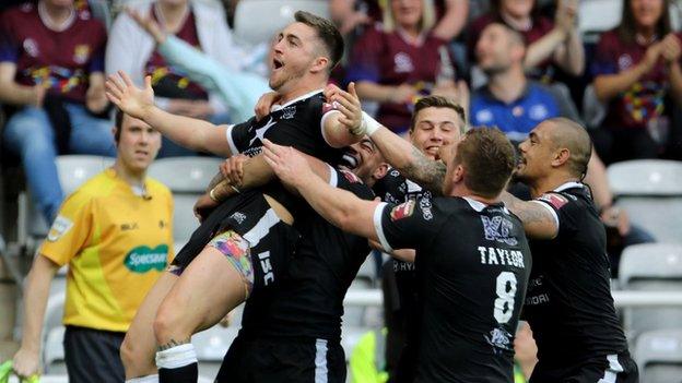 Curtis Naughton celebrates Hull's second try at St James' Park