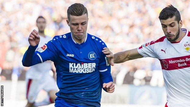 Florian Kamberi in action for Karlsruhe against Stuttgart in October 2016