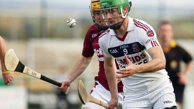 Slaughtneil's Chrissy McKaigue battles with Cushendall's Aidan McNaughton in last year's Ulster Club Hurling semi-final