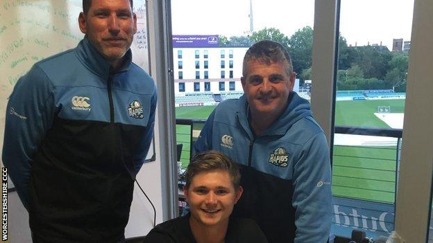 Worcestershire assistant coach Matt Mason (left) and director of cricket Steve Rhodes were present to see George Rhodes sign on for two more years at New Road