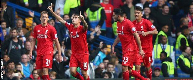 Philippe Coutinho celebrates scoring against Chelsea