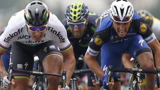 Peter Sagan (left) beats Julian Alaphillipe to win stage two