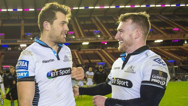 Sean Lamont shares a joke with Stuart Hogg after Glasgow's win over Edinburgh at Murrayfield on Boxing Day