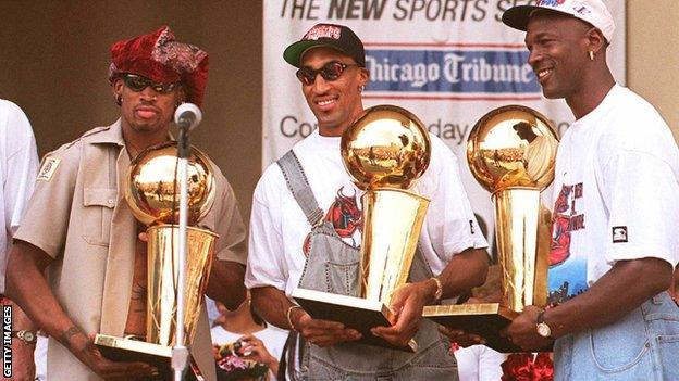 Dennis Rodman, Scottie Pippen and Michael Jordan