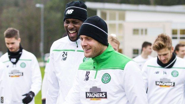 Celtic's Carlton Cole and Anthony Stokes share a joke during training