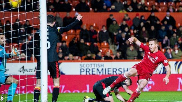 Adam Rooney puts the ball in the net for Aberdeen, but the effort was disallowed