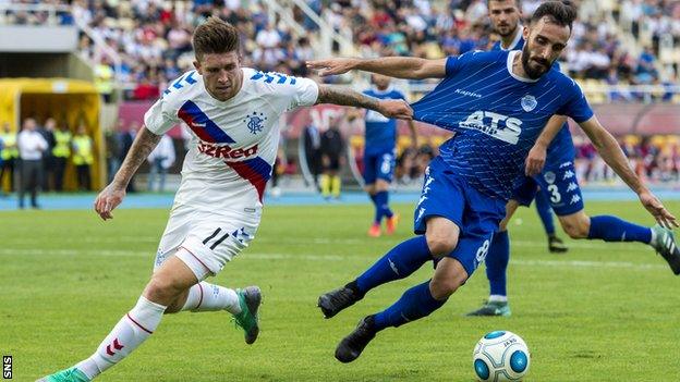 Josh Windass of Rangers pressures Shkupi's Bunjamin Shabani