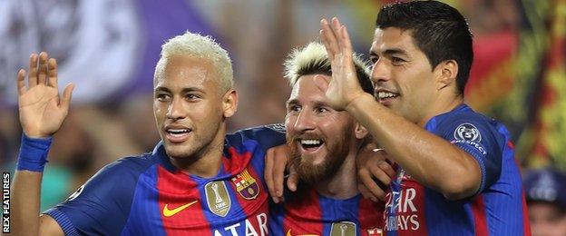 Barcelona's Neymar, Lionel Messi and Luis Suarez celebrate against Celtic