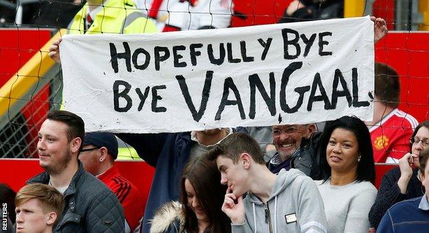 Manchester United fans hold up an anti-Louis van Gaal banner