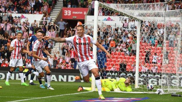 Stoke's Harry Clarke wheels away to celebrate his first-half goal