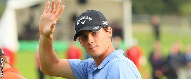 Thomas Pieters celebrates a putt