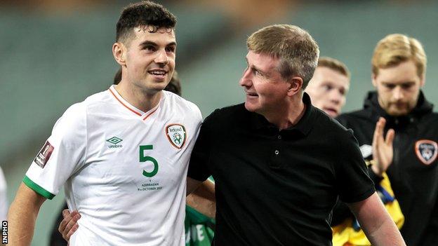 Stephen Kenny congratulates his captain John Egan after Saturday's game in Baku