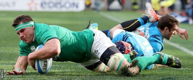 CJ Stander scores Ireland's second try despite Angelo Esposito's efforts