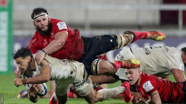 Marcel Coetzee tackles Toulouse's Romain Ntamack in Friday's Champions Cup game at Kingspan Stadium