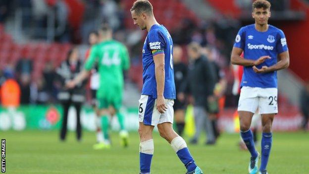 Phil Jagielka and Dominic Calvert-Lewin at the final whistle.