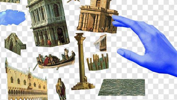 A collage of buildings, people boats and water painted by Canaletto that have been cut and pasted on to a grey and white checked background as a blue coloured hand hovers over them