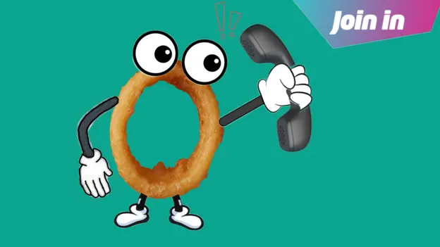 An onion ring holding a phone.