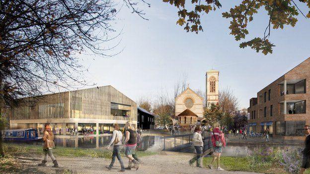 A CGI image of the 2014 Jericho Wharf plans that show a "Venetian-style piazza" concert, a community centre, housing and a boatyard.