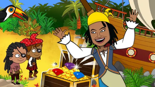 On a treasure island Gem the pirate is jumping out in front of a box of treasure. There are two young pirates watching from the side.