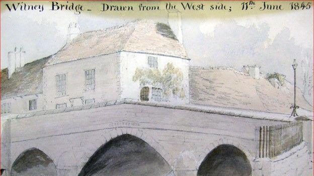 A sketch of Witney Bridge from1845. It is a three arch bridge, with a building atop.