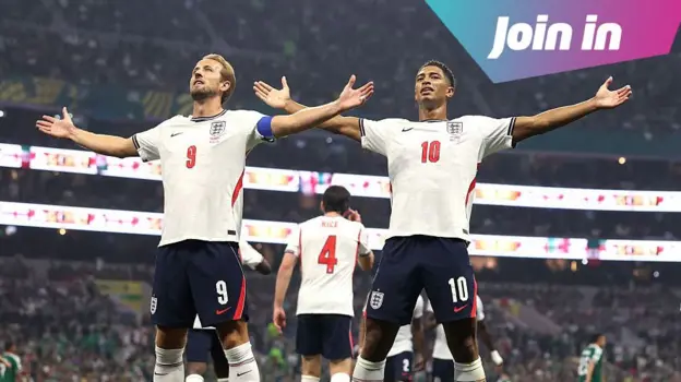 Harry Kane and Jude Bellingham celebrate for England against Mexico in the World Cup