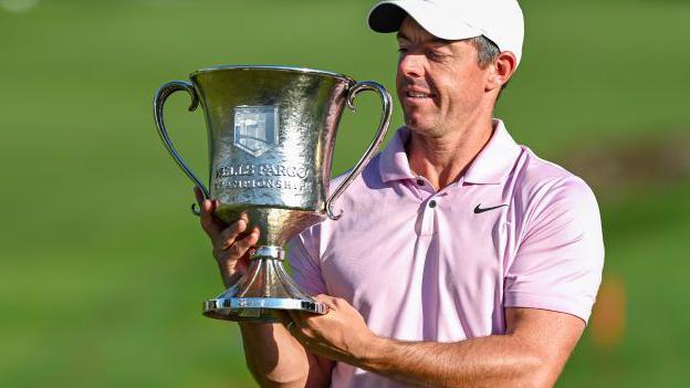 Rory McIlroy with the trophy after winning at Quail Hollow in 2024