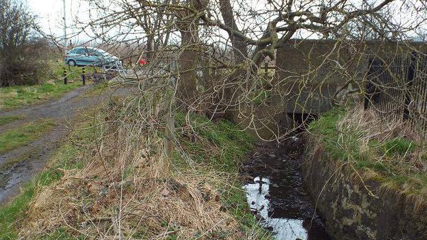 The tiny stream at Cut Throat Dene in Sunderland. The water is murky with leaves floating in it. A tree is rising above the stream, which is next to a path. A blue car is parked at the top of the stream.