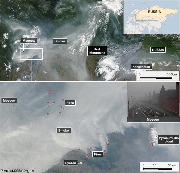 Satellite images of fires across Russia